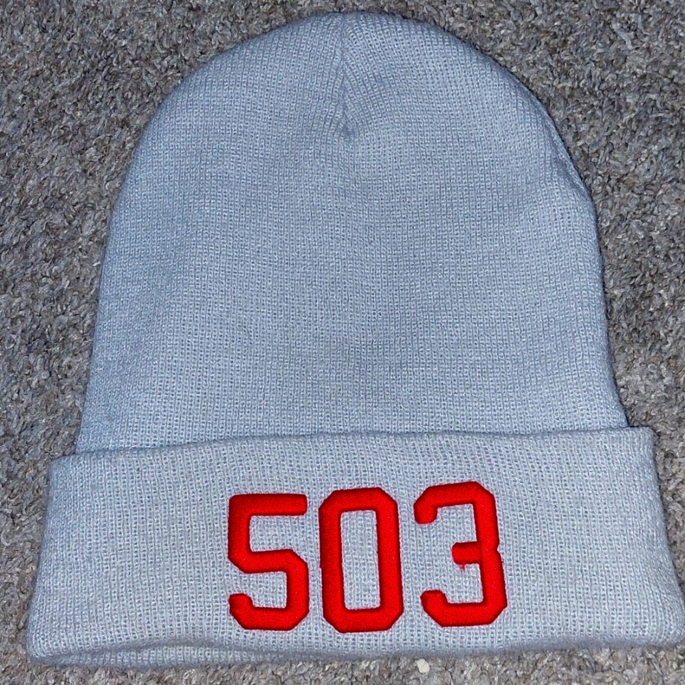 Grey beanie '503' (Portland,OR area code) in red